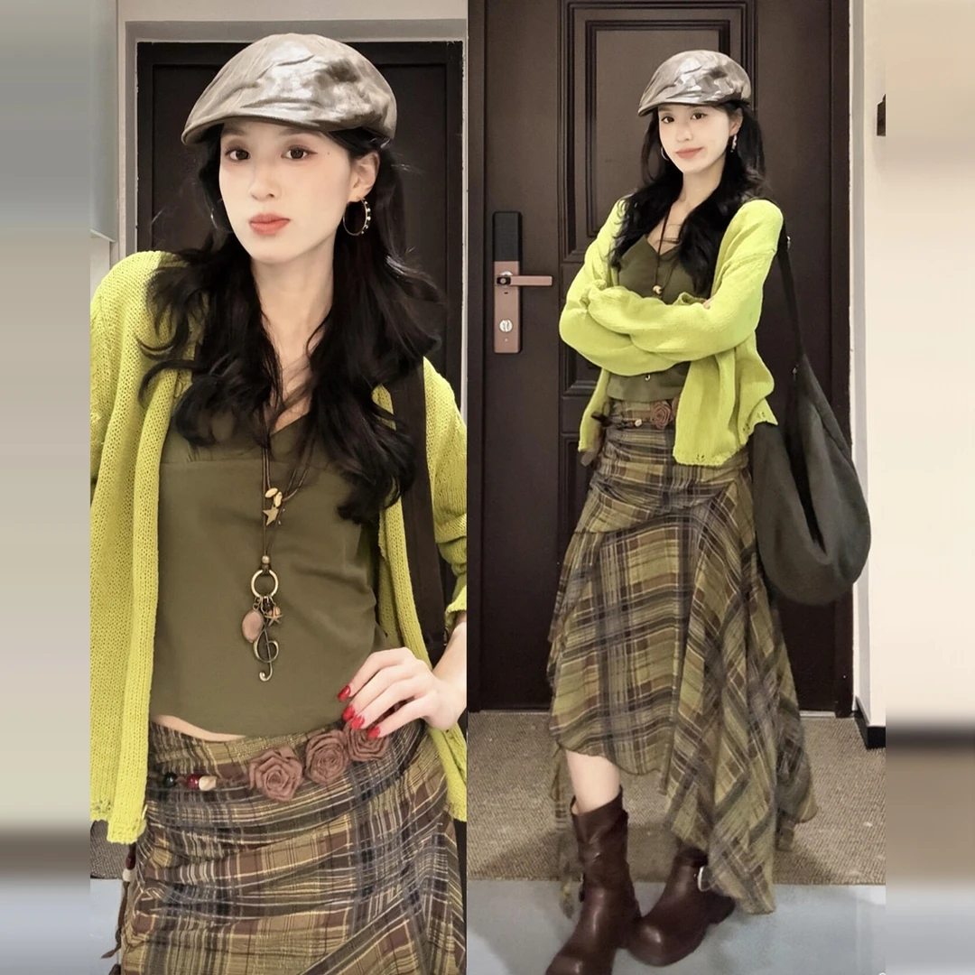 韩系早秋穿搭慵懒高级感绿色氛围感上衣女款2025新款针织开衫7806