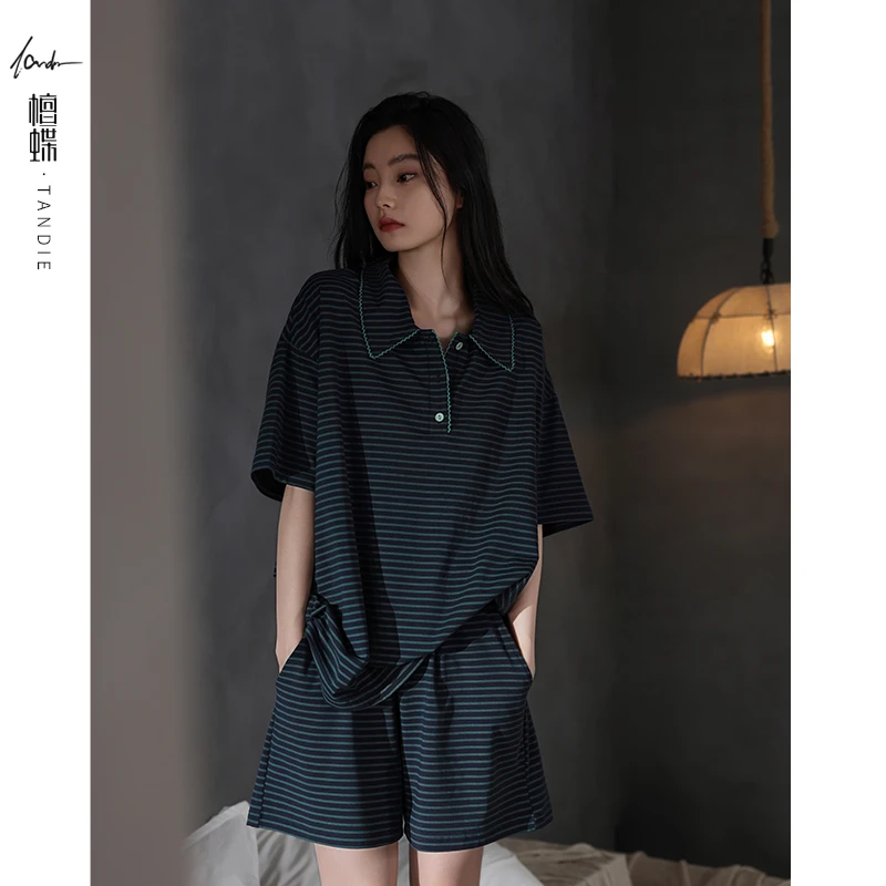 檀蝶2025年夏季新款条纹纯棉女款睡衣家居服短袖短裤两件套可外穿