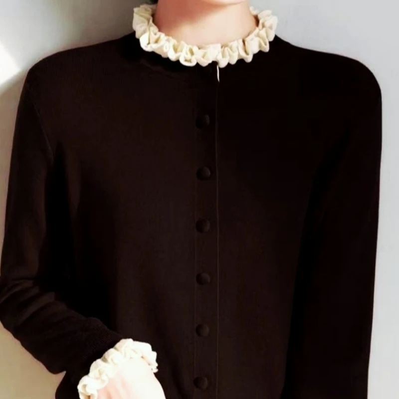 [AnAnLine]木耳领针织羊毛开衫秋装新款宽松外搭时尚洋气长袖毛衣