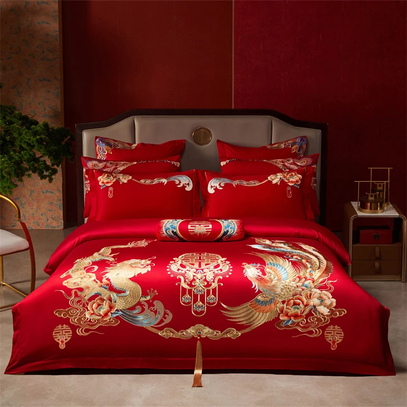100%全棉高端龙凤刺绣中式婚礼结婚套件被套大红色床品结婚四件套
