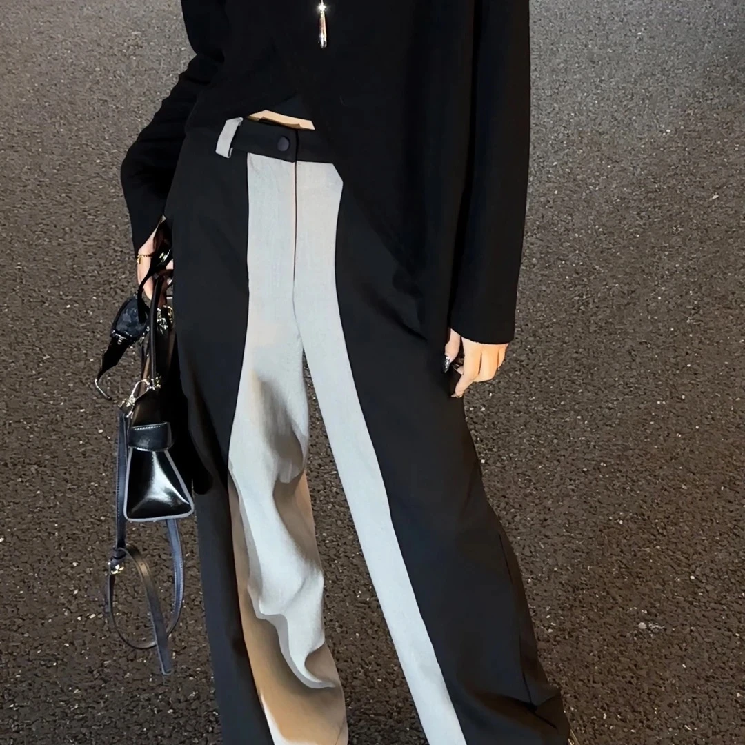 邓蕾婷【黑夹灰】高腰显瘦休闲垂感设计感拼色直筒裤