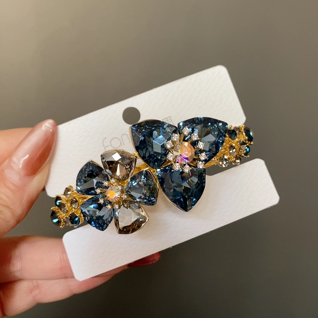 泛思1023蓝色花朵8公分弹簧夹马尾夹韩版时尚钻发夹