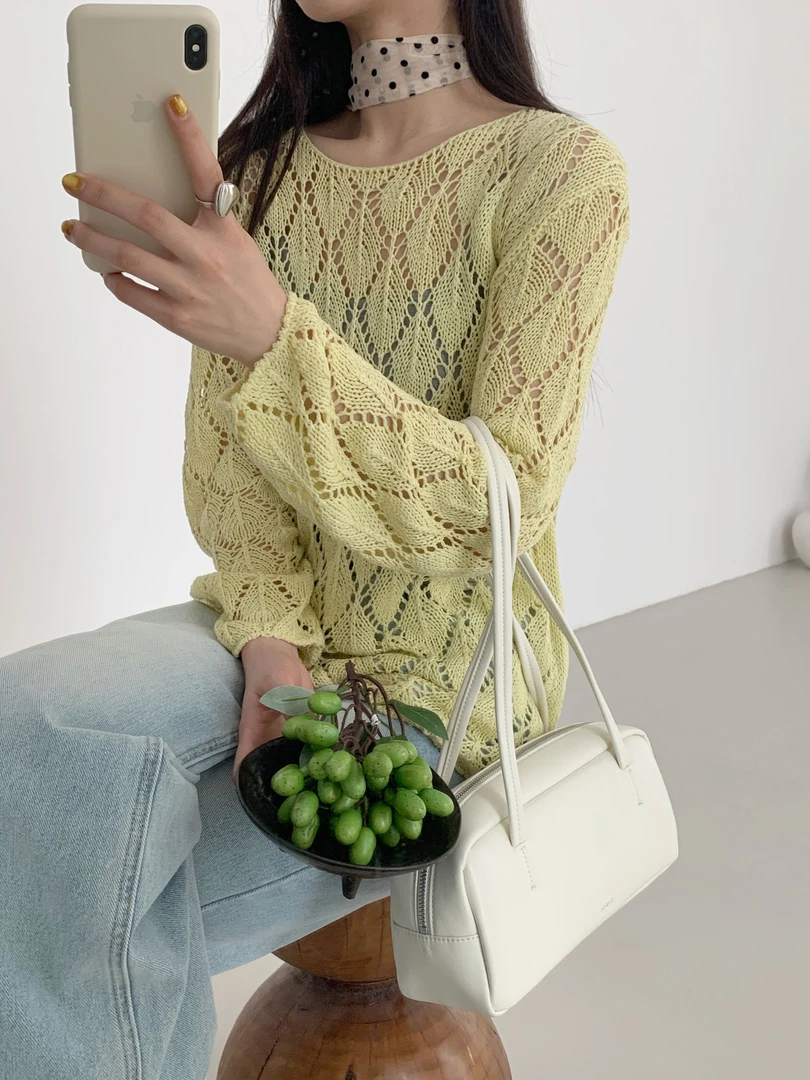 【潘潘.968892】2025年夏季新款天爽亚麻法式菱格镂空纯色套头针织