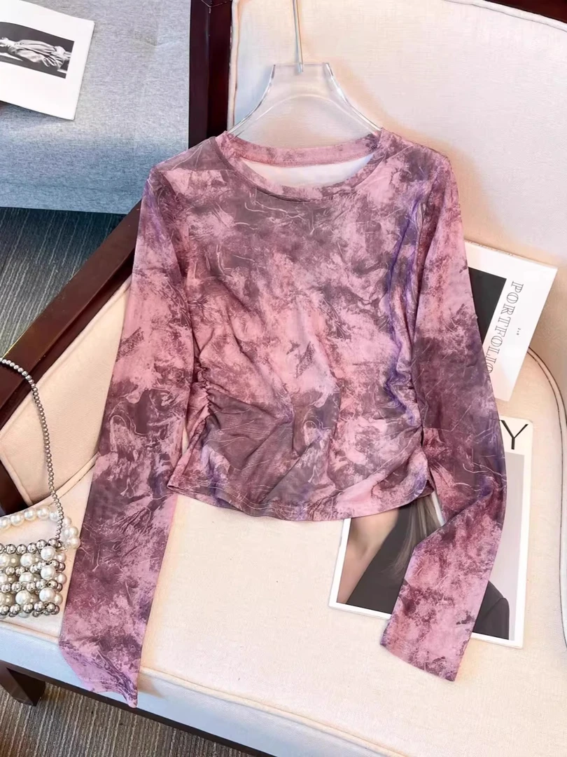 复古港风扎染设计感双层网纱长袖上衣夏日清凉感薄款防晒罩衫T恤