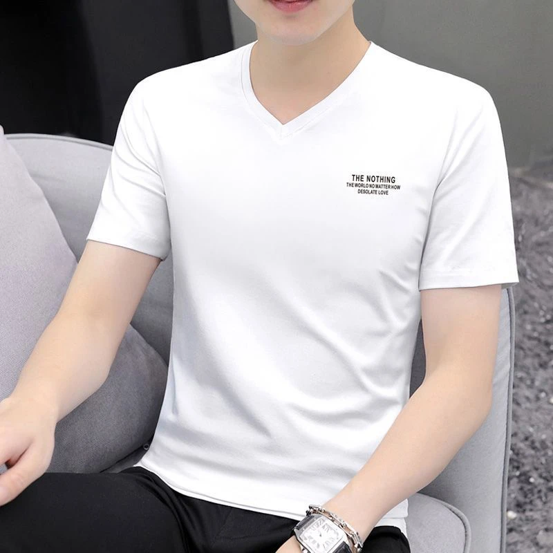男士短袖T恤2025新款夏季修身V领打底衫休闲时尚体恤印花潮流上衣