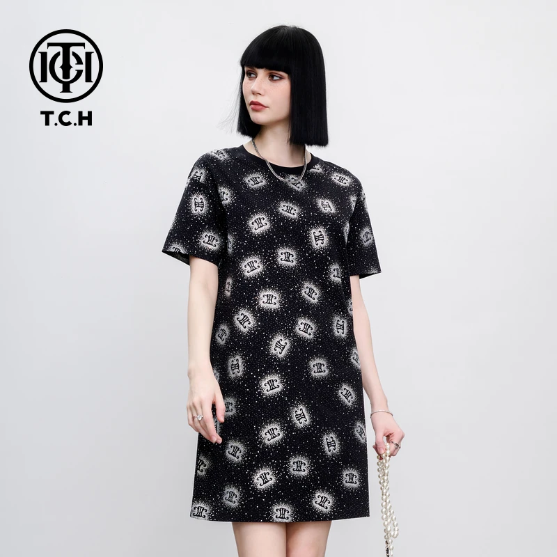 TCH轻奢烫钻工艺LOGO满印时尚直筒满天星T恤裙T75B306045私服tch