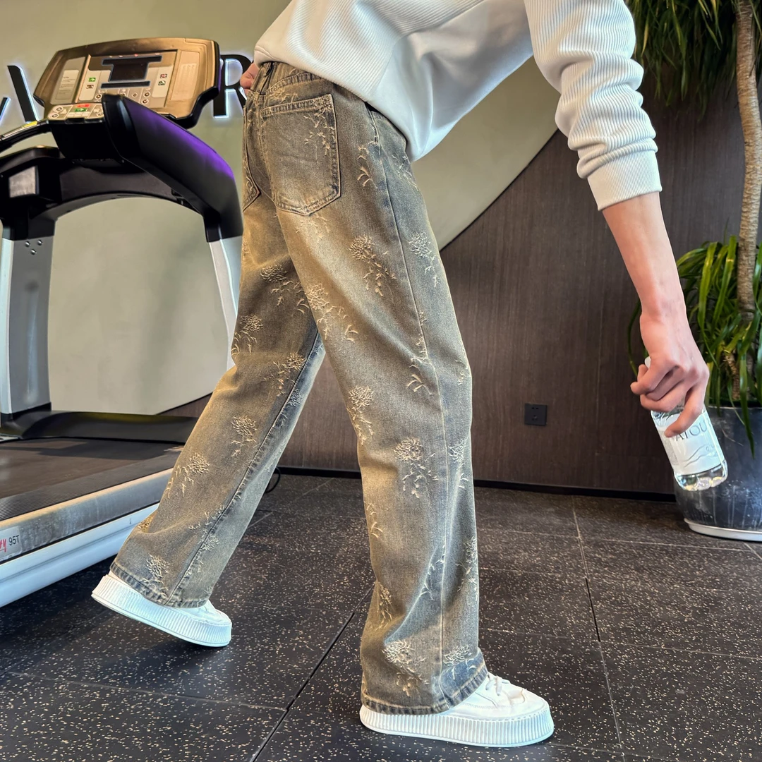 高级感提花牛仔裤男潮流痞帅直筒裤2025新款春秋美式复古休闲裤子