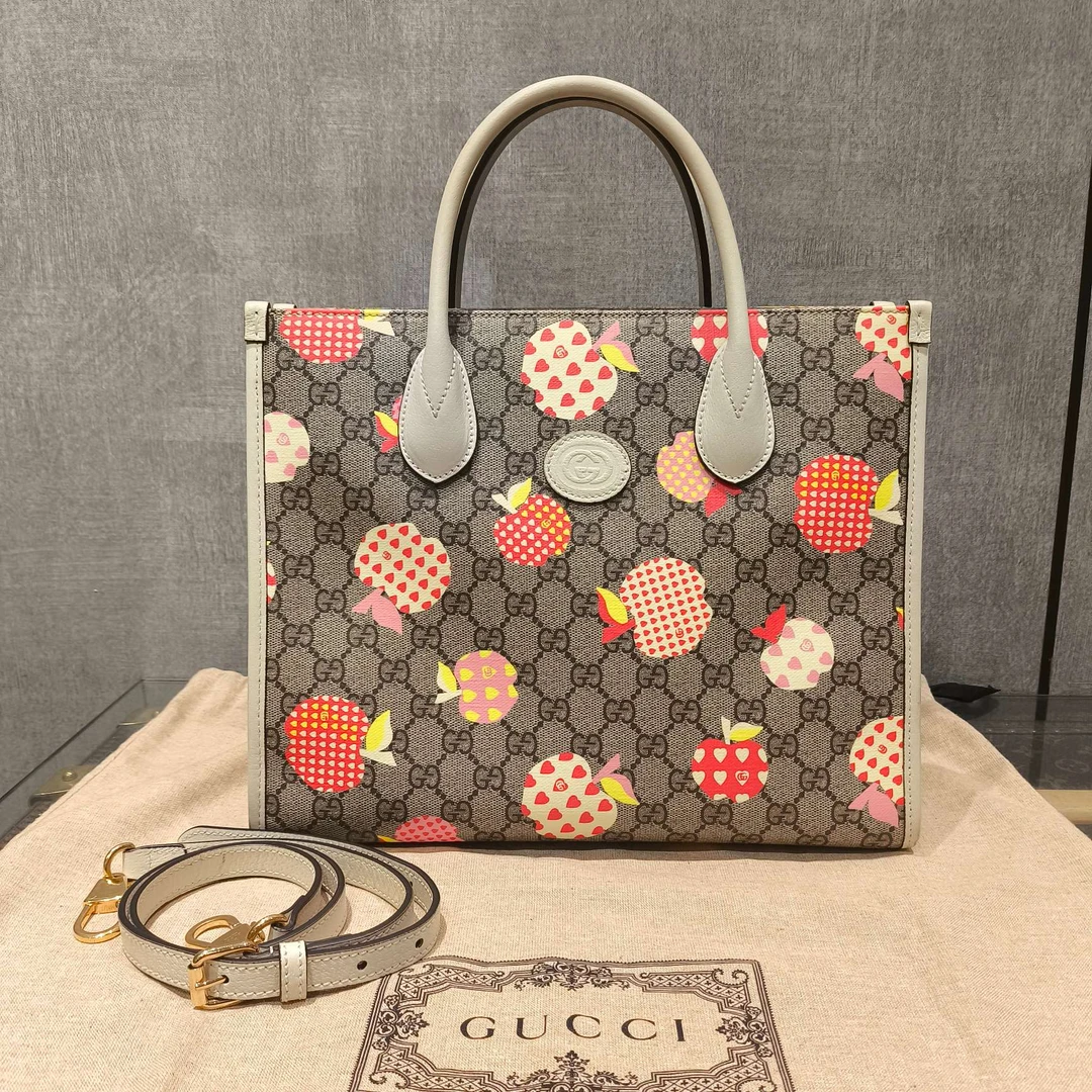 95新 GUCCI/古驰 老花logo苹果手提斜挎托特包 31418