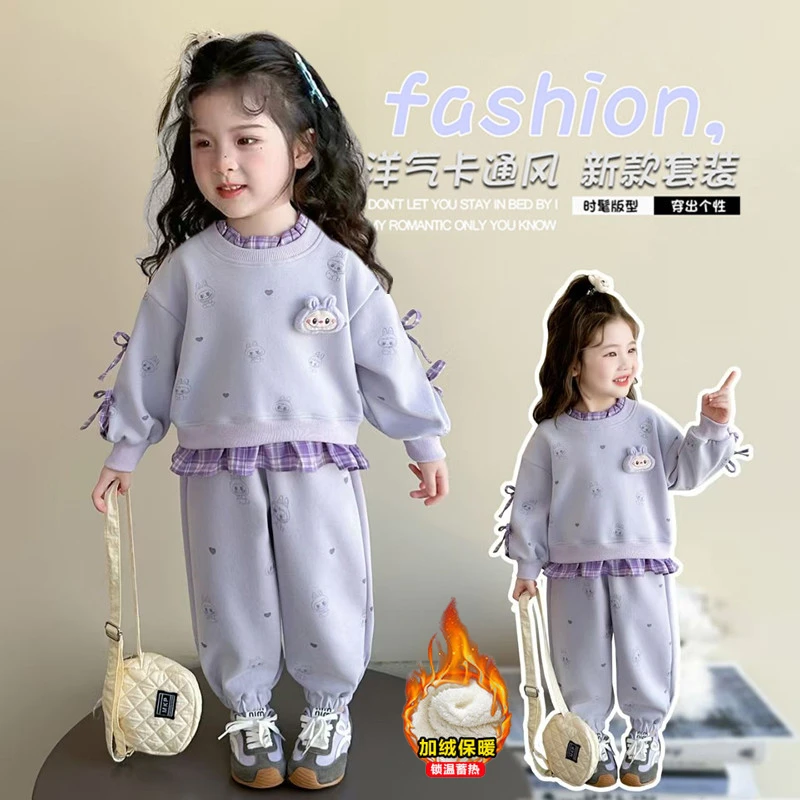 女童加绒套装2025新款洋气儿童卡通卫衣秋装时髦女宝宝两件套韩版