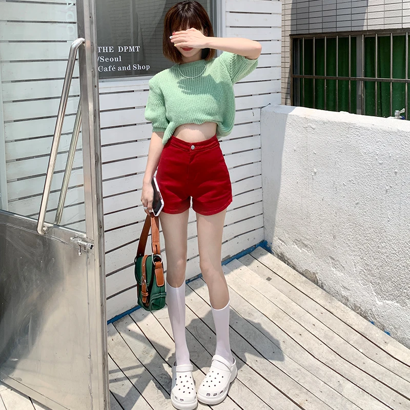 红色牛仔短裤女2025春夏高腰甜辣风修身显瘦辣妹紧身超短a字热裤