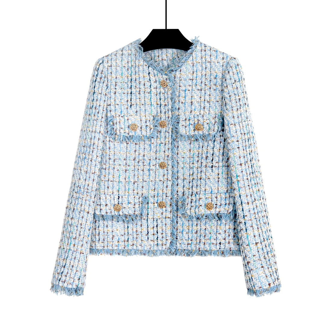 【样衣】2024春季新款小香风减龄短款少女粗花呢女装上衣