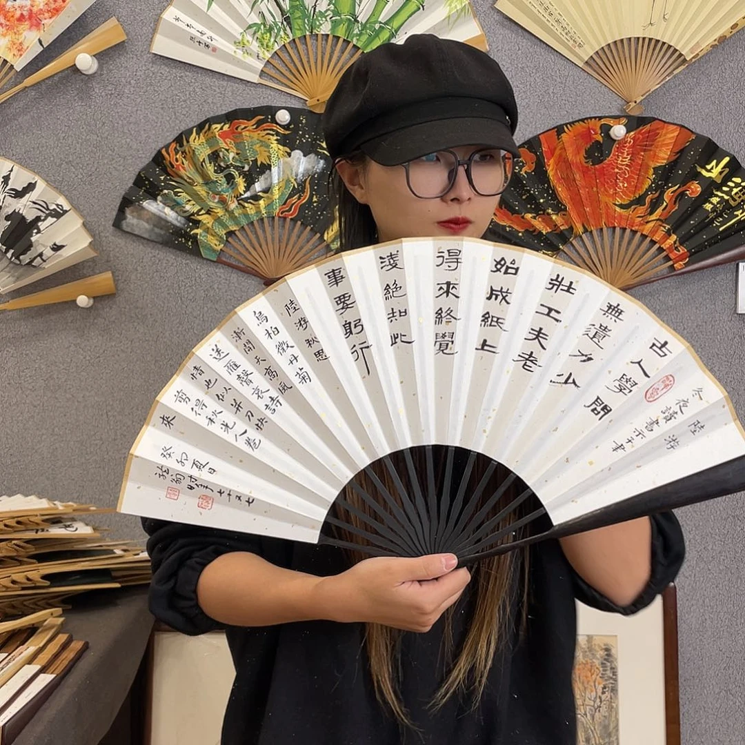 国画10寸黑檀-纯手绘-文玩扇骨（默认粘好）