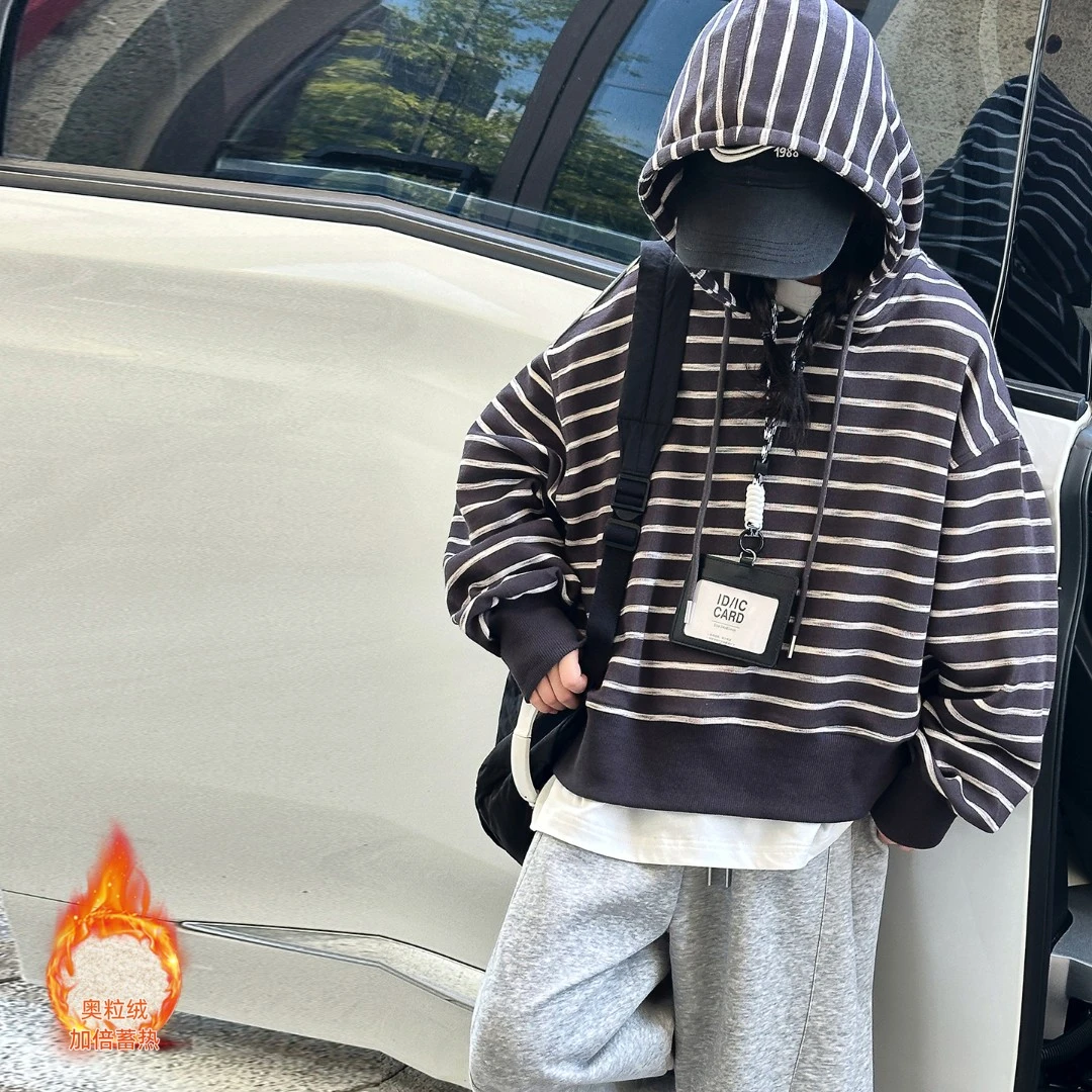 女童卫衣秋冬2025新款加绒条纹帽衫6-12岁连帽宽松保暖15弯刀卫裤
