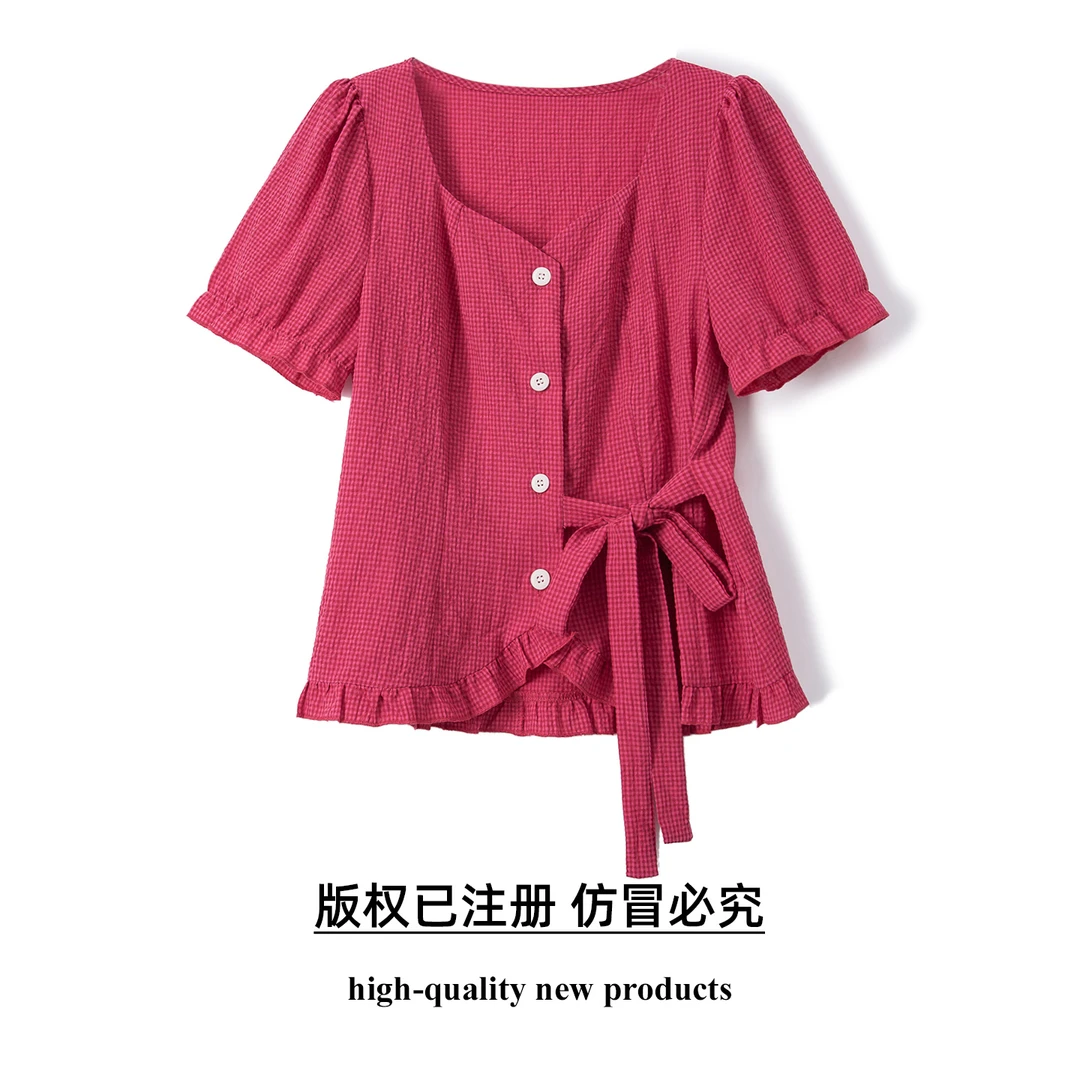 奢姿大码女装2025夏季减龄蝴蝶结绑带方领衬衫胖妹妹格纹时尚上衣