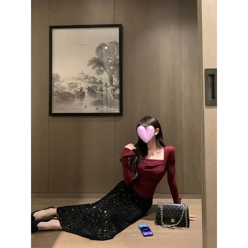 D158新款上衣套装高腰亮片鱼尾半身裙女早秋气质高级设计两件套