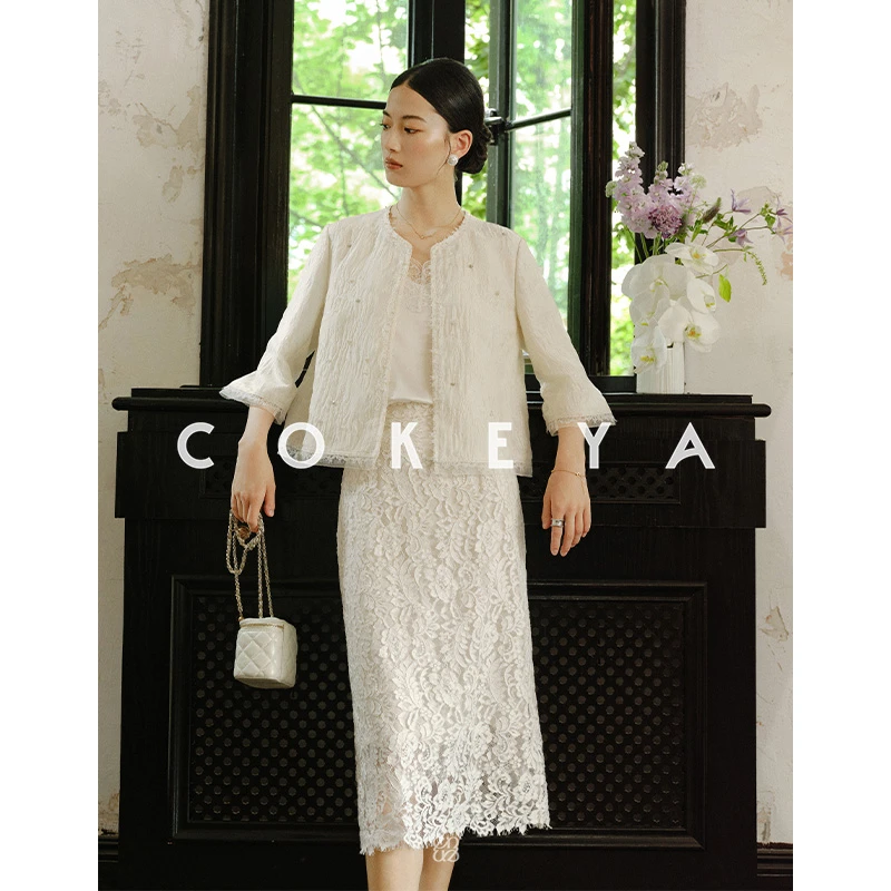COKEYA/法式提花艺术~重磅手工钉珠蕾丝花边设计感微A七分袖外套