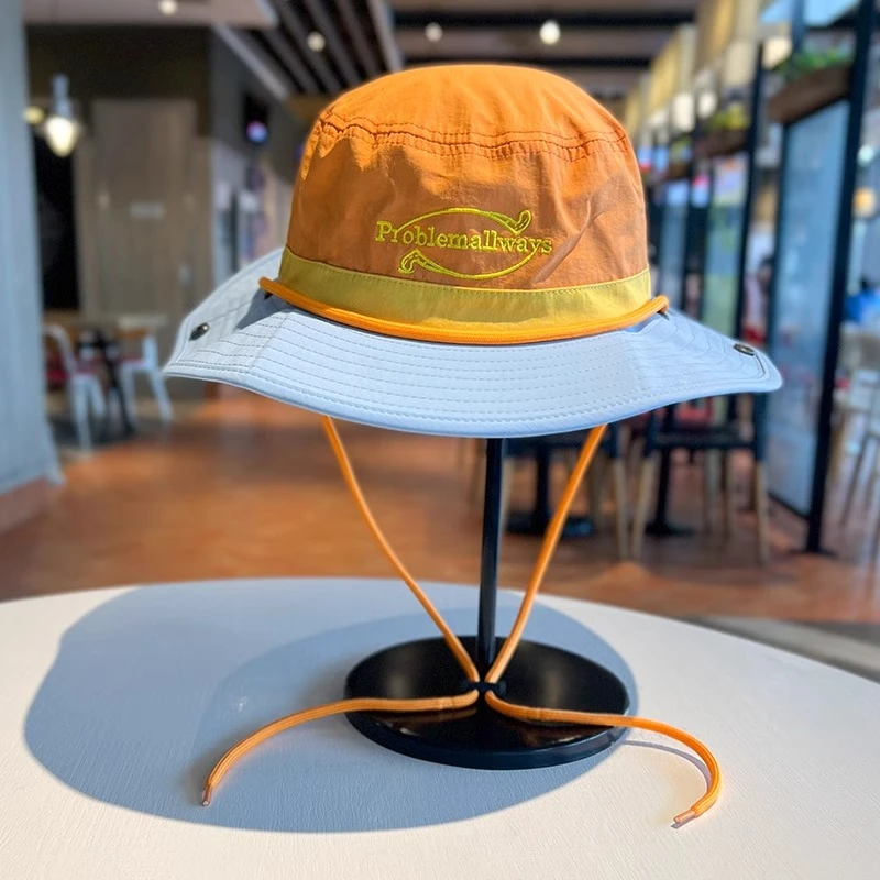 复古拼色工装渔夫帽亲子款2025新款夏季防紫外线登山帽户外防晒帽