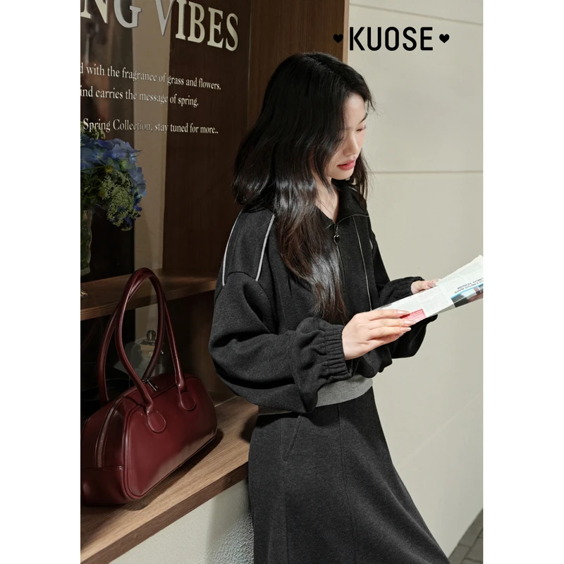 阔色立领休闲运动卫衣套装收腰上衣半裙长裙25春季新款KSW2501003