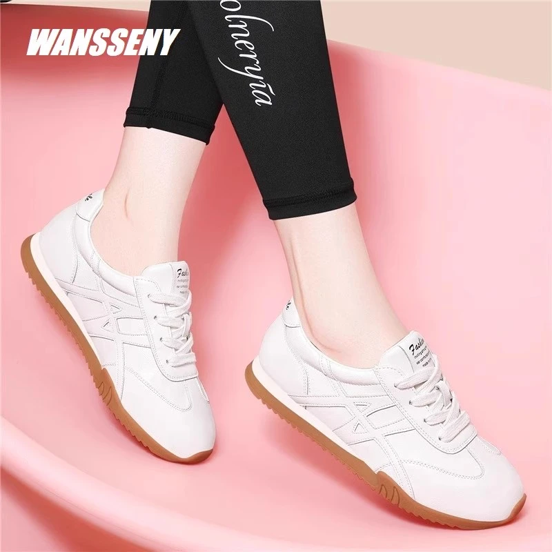 WANSSENY2025年复古德训鞋女平底轻便真皮小白鞋浅口透气休闲鞋女