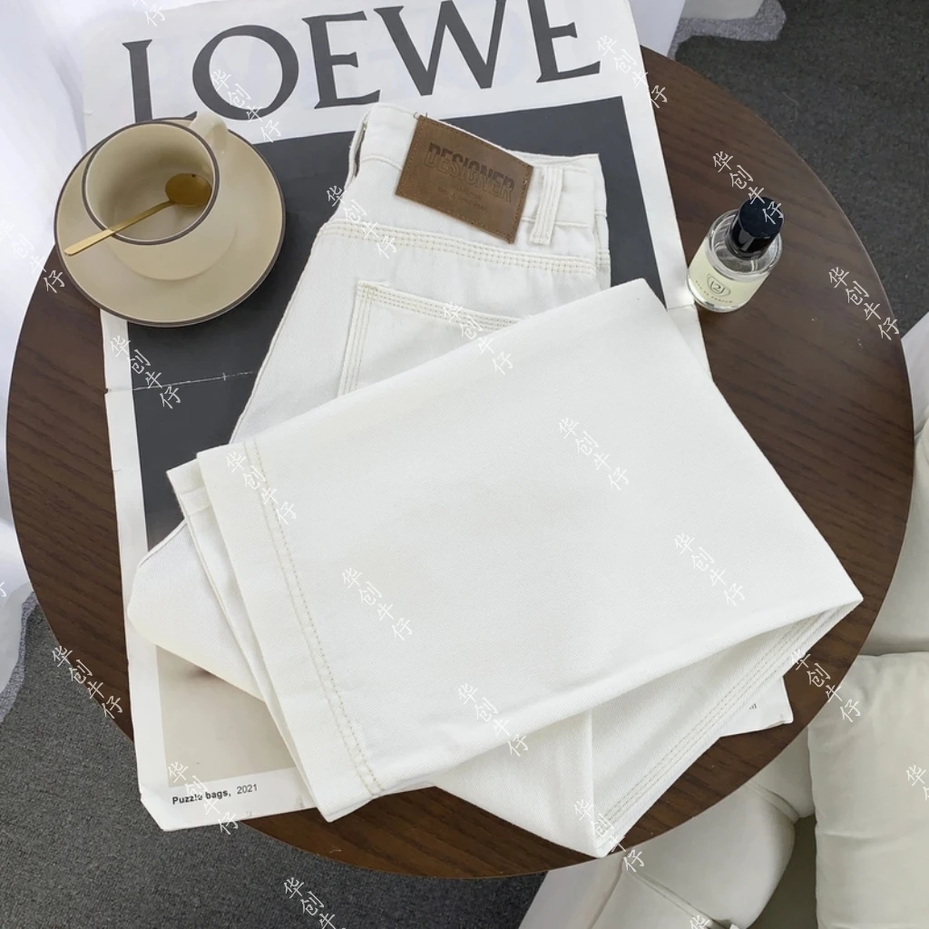 2025夏季新款白色牛仔裤女时尚百搭高腰显瘦窄版阔腿直筒裤8208