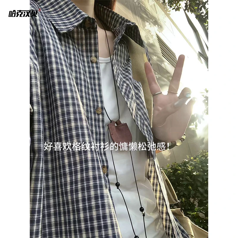 哈克汉贝文艺复古慵懒感韩版小格子设计感格子短袖衬衫夏季薄款