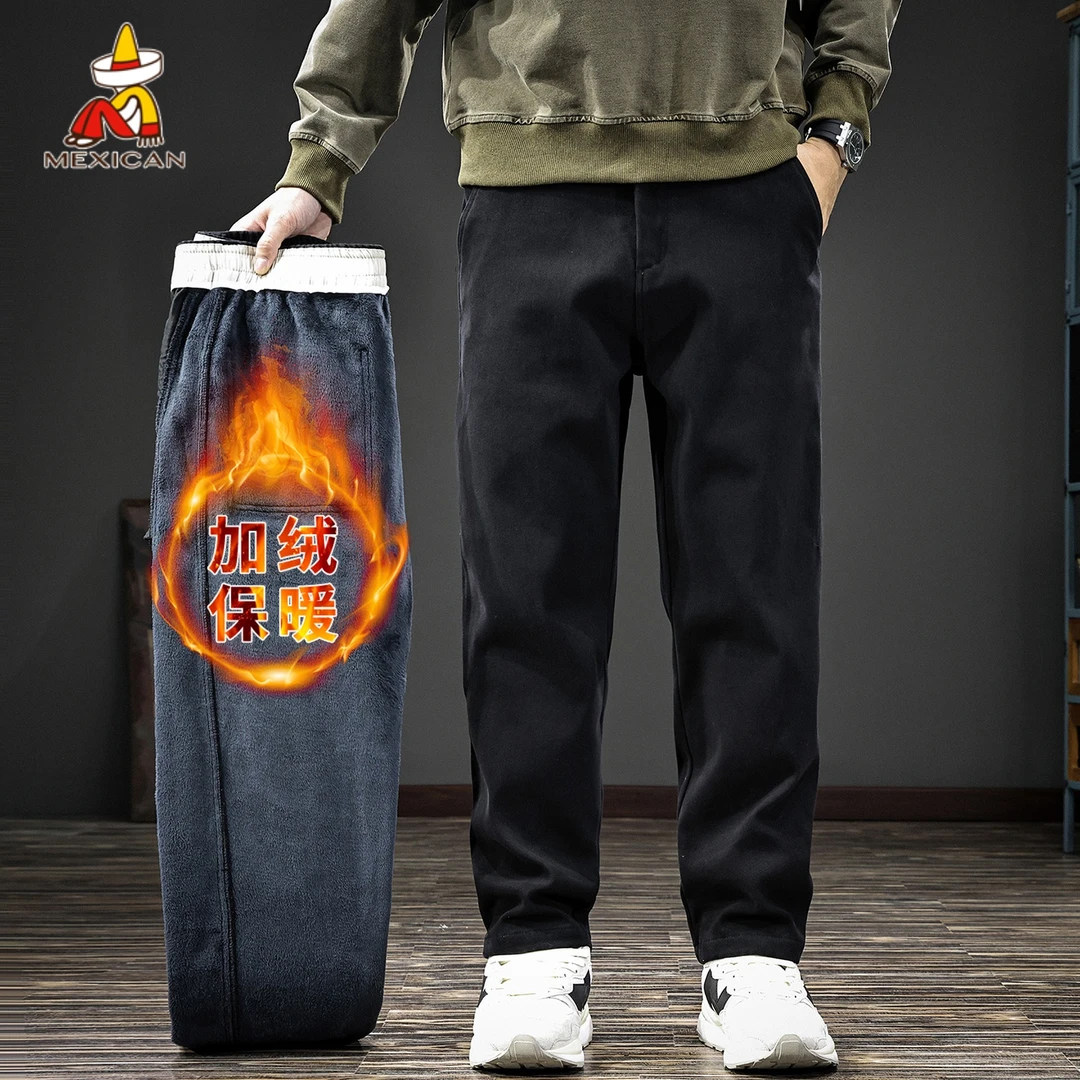 Mexican/稻草人冬季加绒加厚休闲裤男款宽松直筒长裤男士微锥裤子