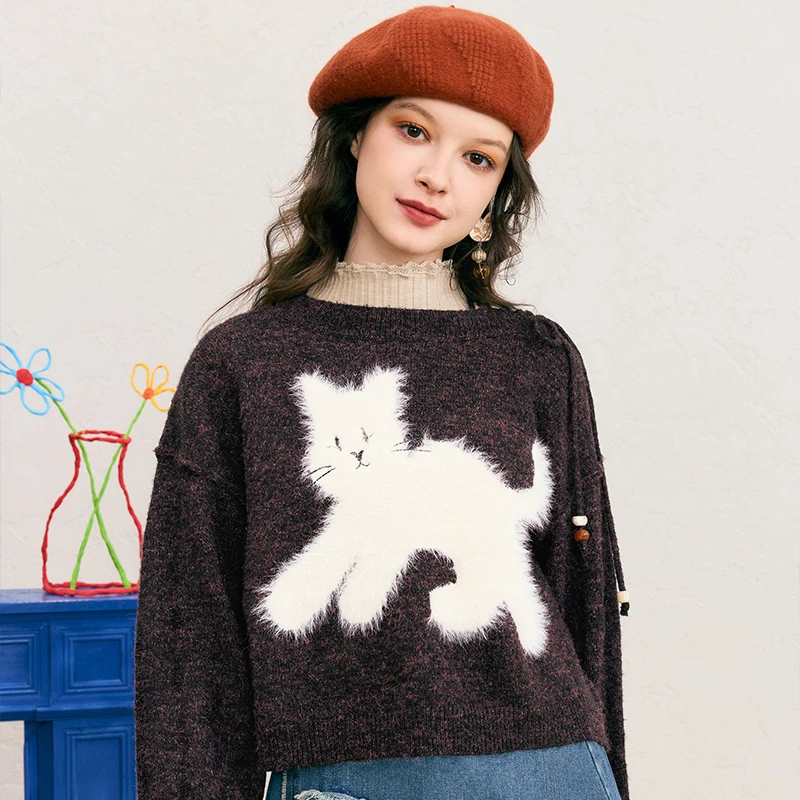 两三事深冬喵语趣味猫咪图案绑带套头毛衣短款