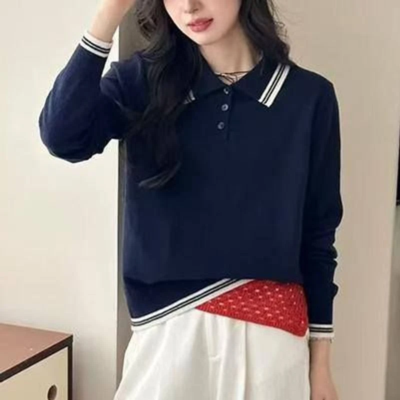 韩版慵懒百搭Polo领长袖针织衫女秋季新款宽松休闲通勤减龄毛衣