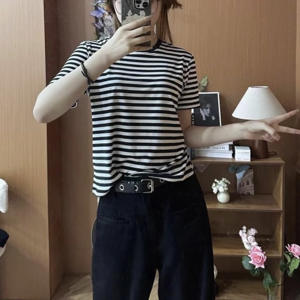 玲姐定制-圆领撞色条纹款小清新学院风百搭短袖408312