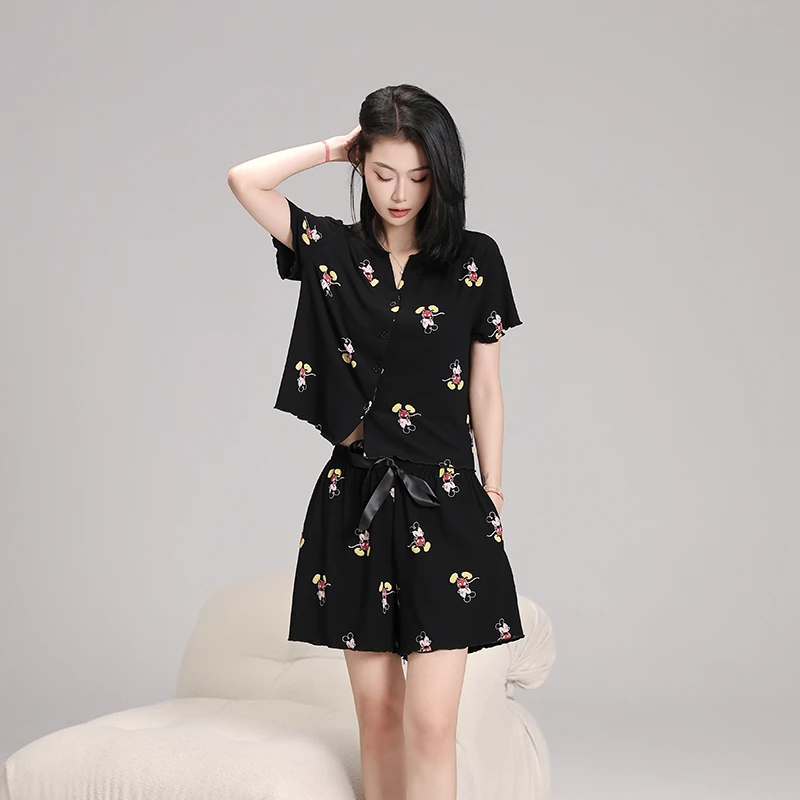 碧绒显瘦修身睡衣女春夏季短袖短裤卡通米奇夏天可外穿家居服套装