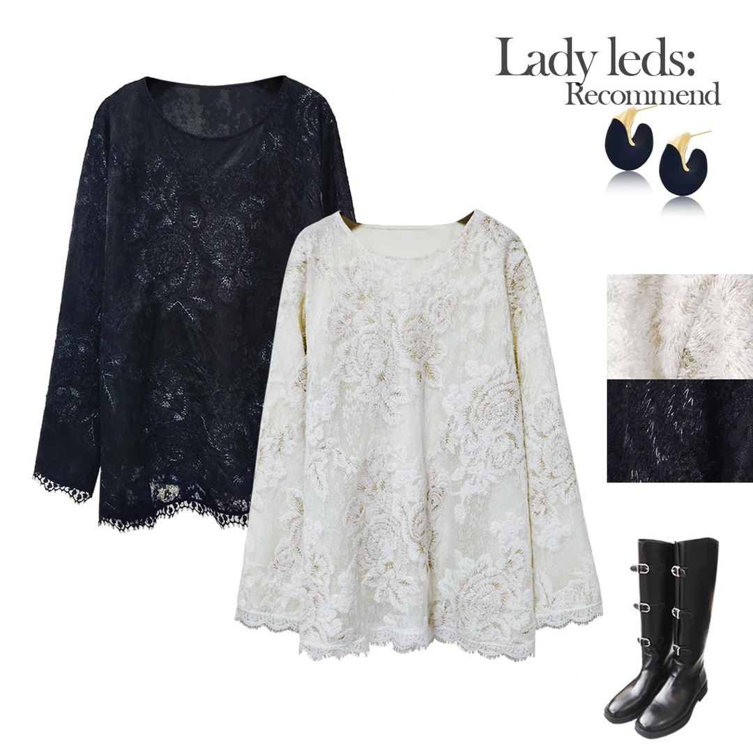 LEDS S538冬季新款时尚知性蕾丝两色圆领T恤