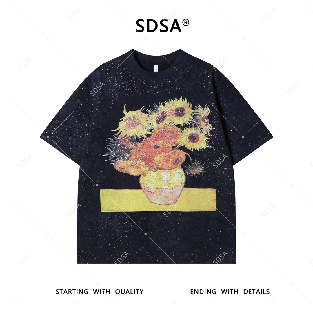 SDSA夏季新款男士痞帅满天星向日葵印花烫钻圆领短袖T恤百搭时尚
