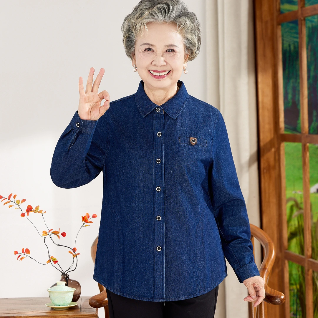 奶奶秋装纯棉衬衫老年人妈妈春秋天牛仔全棉薄外套老太太婆婆衣服