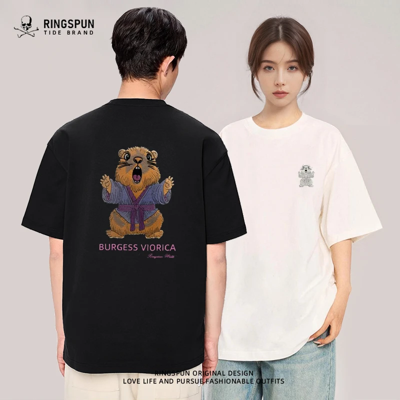 RINGSPUN变色土拨鼠纯棉刺绣短袖t恤男夏季新款重工圆领宽松半袖t