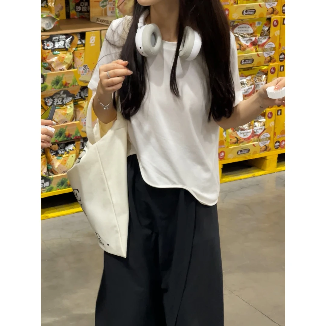 蔡小姐夏季设计感不规则短袖T恤宽松遮肚显瘦正肩纯色休闲圆领