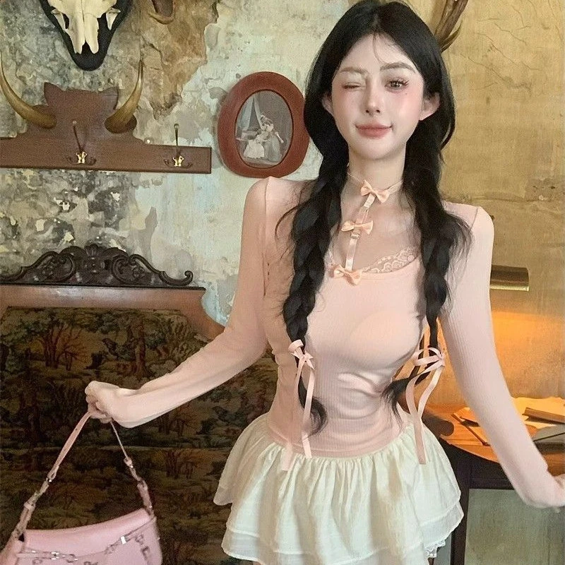 蝴蝶结挂脖辣妹修身显瘦长袖T恤性感新款时尚小众炸街高级感女装