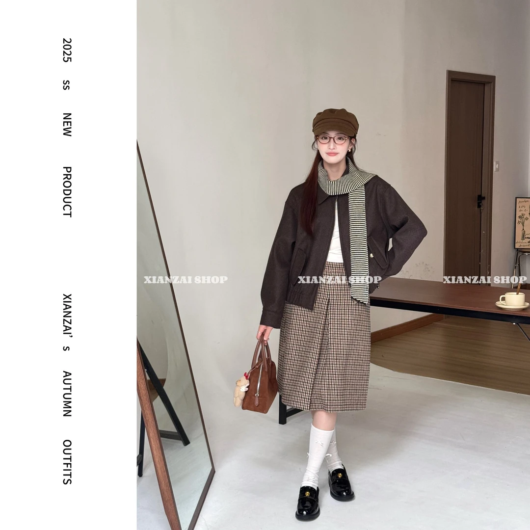 XIANZAI【油画少女】早秋新款韩版翻领时尚夹克长袖+半裙两件套装
