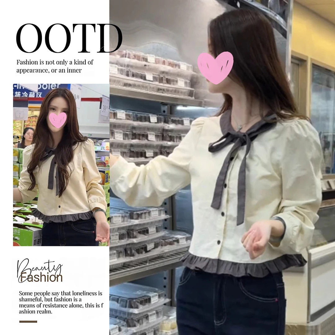 法式撞色蝴蝶结长袖衬衫女秋季设计感修身内搭短衬衣别致绝美上衣