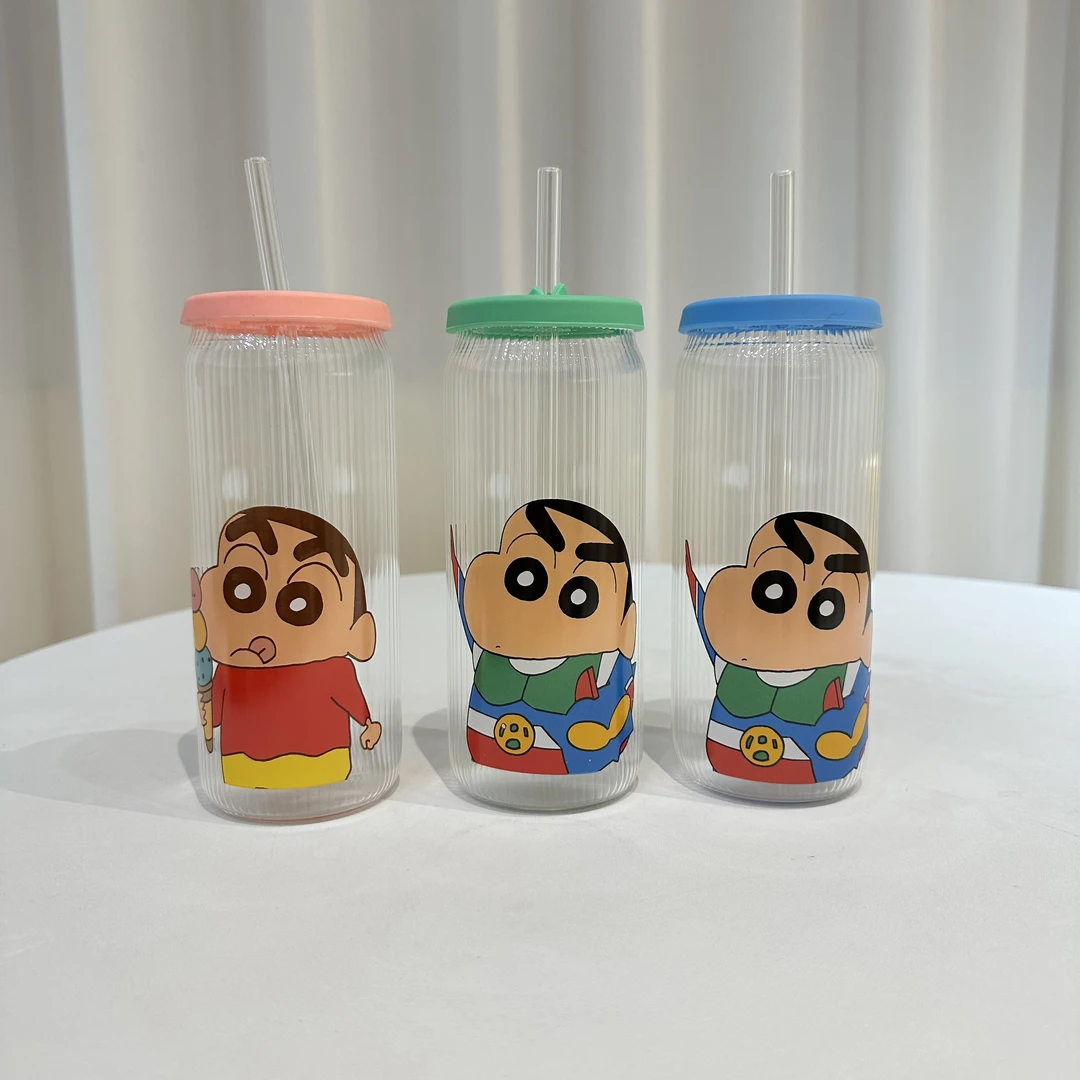 【摩登主妇&蜡笔小新】玻璃杯吸管水杯家用杯子大容量咖啡牛奶杯