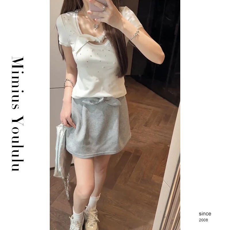 【mimius】P 甜美减龄重工钉珠兔耳朵蝴蝶结镂空上衣+裙裤 G06117