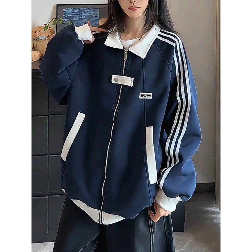美式撞色拼接运动夹克男女秋季复古学院风开衫卫衣情侣装休闲外套