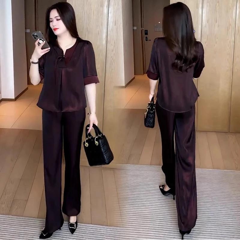 时尚套装女2025夏季新款洋气质减龄显瘦冰丝短袖高腰阔腿裤两件套