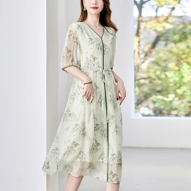 水墨佳人100%桑蚕丝真丝夏季女士时尚显瘦轻奢女装连衣裙82496920