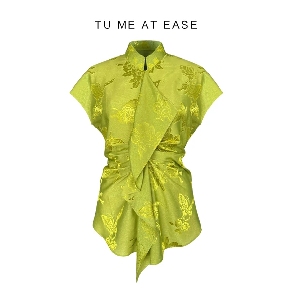 【TuwoZizai】抹茶新中式提花衬衫桑蚕丝织金夏季清凉短袖国风上衣