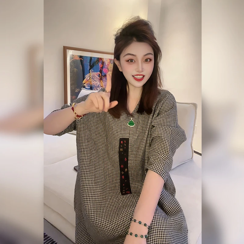 【Linda姐高端线】春夏新款时尚宽松衬衣黑白格衬衫AA5SCS0402