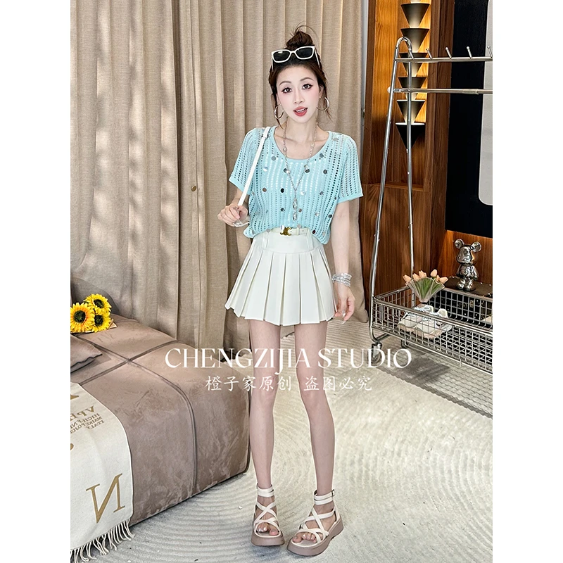 【裴诗婷】橙子·studio【】TX00137亮片镂空圆领上衣减龄T