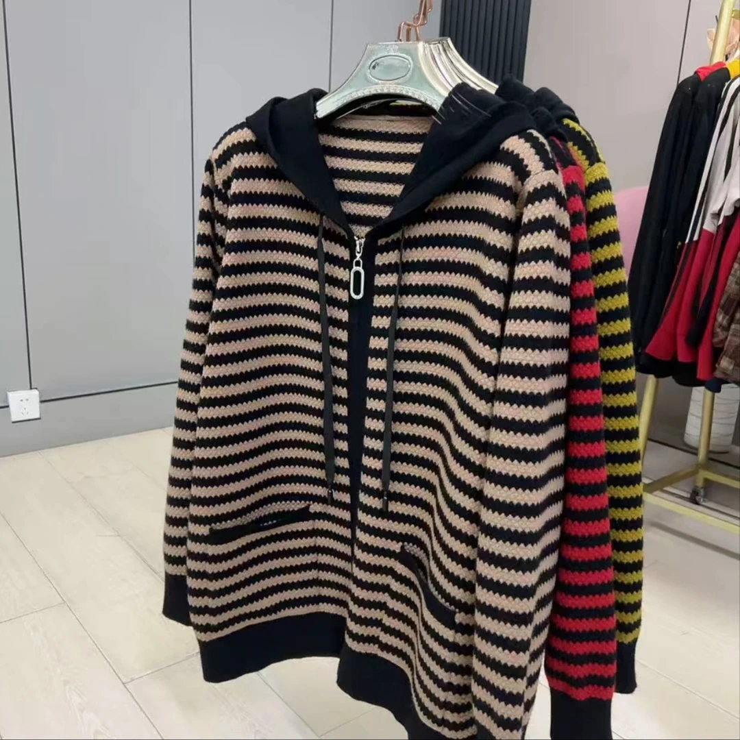 7701大码常规款连帽抽绳拉链条纹洋气针织长袖衫