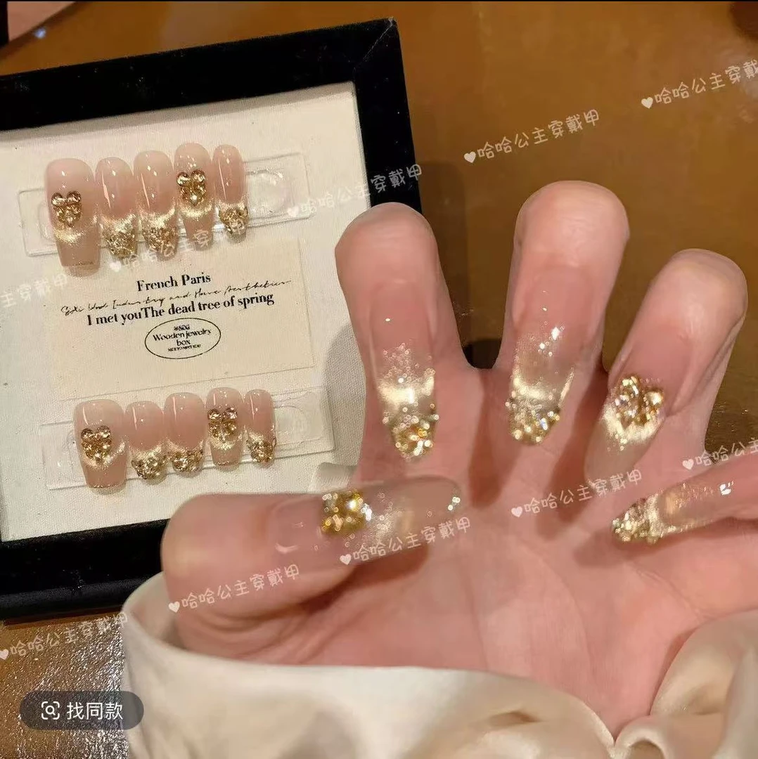 【日落金山】高级显白香槟金猫眼纯手工穿戴甲美甲猫眼气质美甲百搭