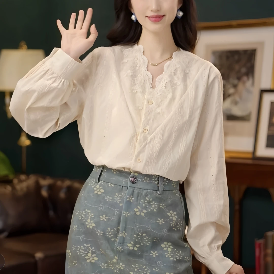 【清逸白桦】气质百搭长袖衬衫女宽松显瘦上衣 5923蕾丝衬衣网红