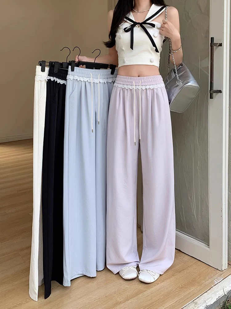 梨型身材蕾丝花边阔腿裤女春夏季2025新款高腰宽松直筒休闲山本裤